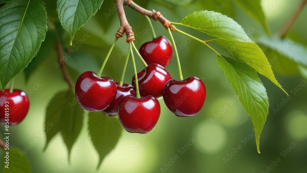 A close-up photograph of ripe red cherries hanging from a branch, surrounded by lush green leaves, showcasing the beauty of nature. A close-up photograph of ripe red cherries hanging from a branch, surrounded by lush green leaves, showcasing the beauty of nature.