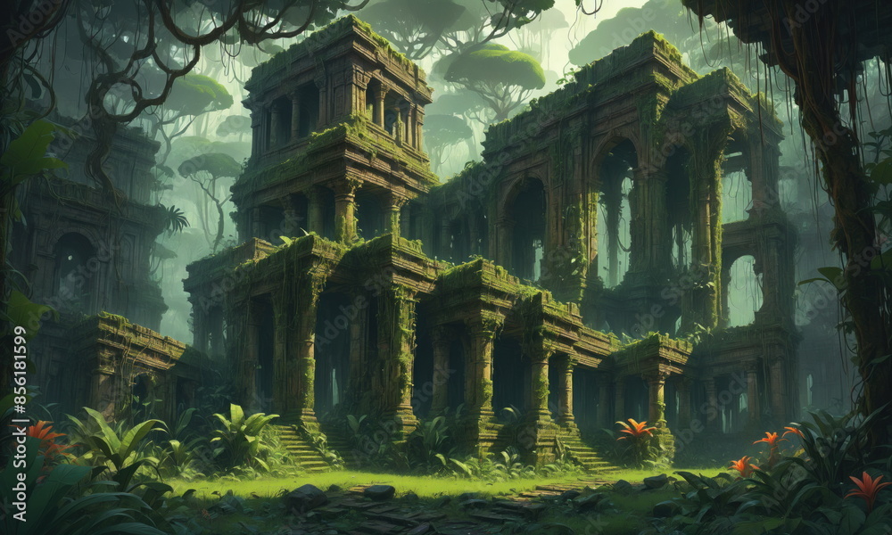 Overgrown jungle scene with ancient ruins in the midst of it. The ruins are overgrown with vines and other plants, and the jungle is very dense and lush Overgrown jungle scene with ancient ruins in the midst of it. The ruins are overgrown with vines and other plants, and the jungle is very dense and lush