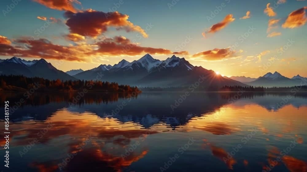 Beautiful natural scenery with sunrise sky. reflection of mountains on the lake. The sun rises over the lake. 4K seamless looping overlay virtual video animation. 4K natural Wallpaper background Beautiful natural scenery with sunrise sky. reflection of mountains on the lake. The sun rises over the lake. 4K seamless looping overlay virtual video animation. 4K natural Wallpaper background