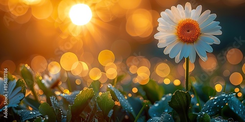 a daisy on a green meadow in sunny spring weather a blurred background with light bokeh and a short depth of field close up horizontally.stock illustration photo