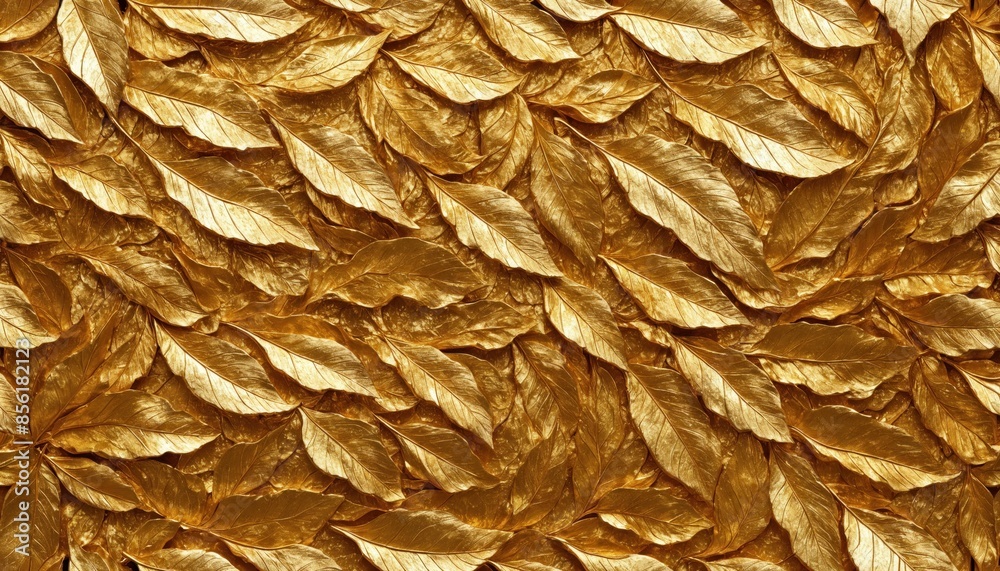 Naklejka premium Surface covered in gold leaf. The leaves create a textured pattern, showcasing the intricate details of the metallic finish
