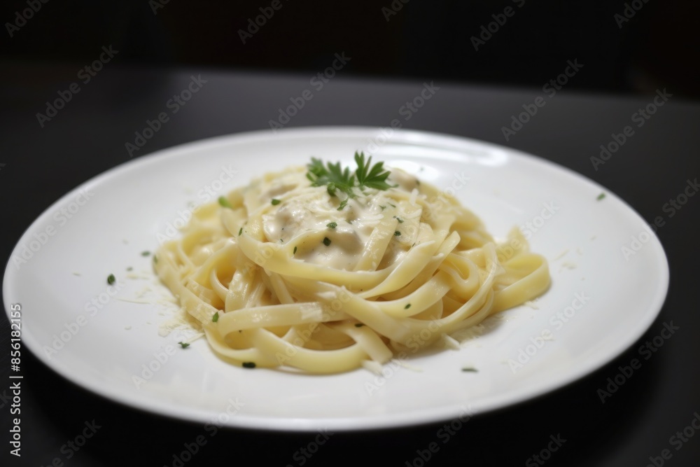 Spaghetti pasta with cream sauce, basil and Parmesan cheese. Italian cuisine. Vegetarian food. Spaghetti pasta with cream sauce, basil and Parmesan cheese. Italian cuisine. Vegetarian food.