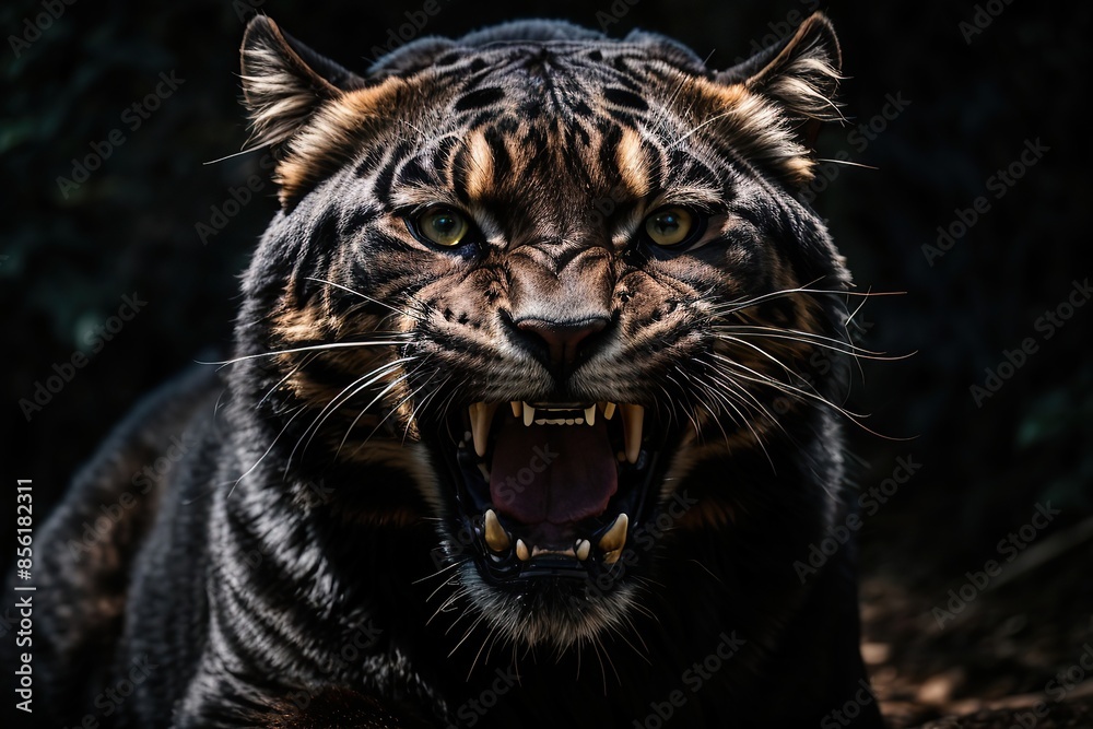 portrait of a angry black panther with open mouth portrait of a angry black panther with open mouth