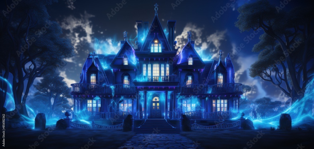 A haunted mansion with glowing blue lights, mysterious atmosphere, surrounded by dark trees and enchanted mist. A haunted mansion with glowing blue lights, mysterious atmosphere, surrounded by dark trees and enchanted mist.