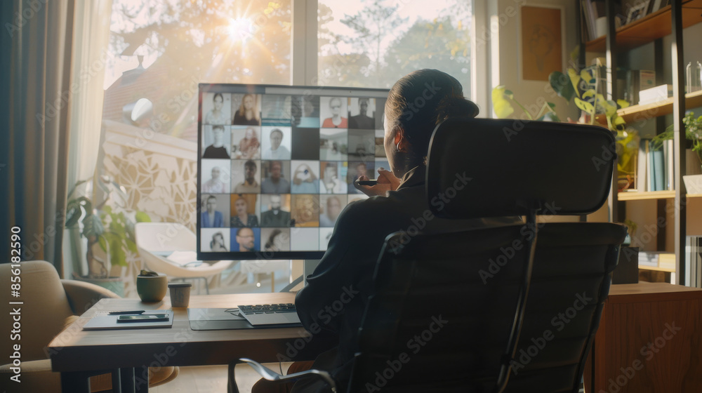 A person conducts a video conference in a home office, engaging with multiple colleagues displayed on a computer screen, bathed in the warmth of the morning sun.