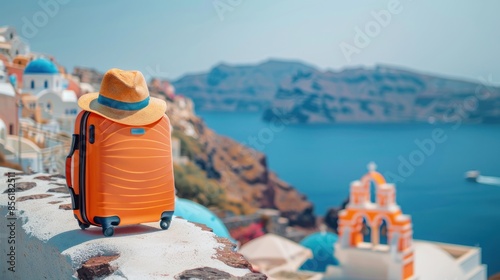 Banner of travel concept with Orange luggage and hat as landscape view of Oia town ai generated