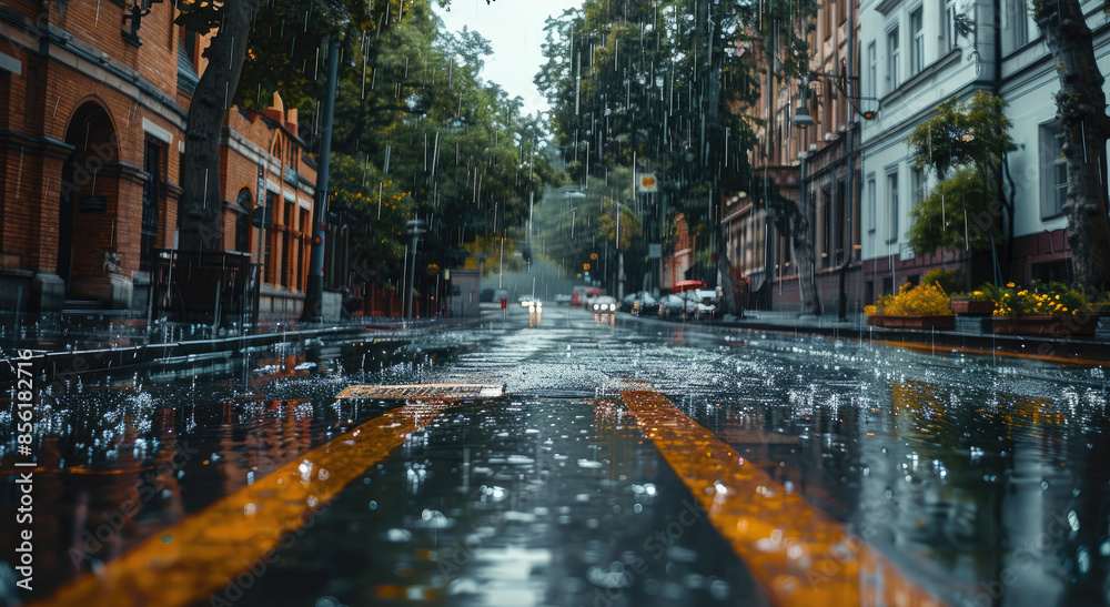 Rainy day street. Generative AI. Rainy day street. Generative AI.