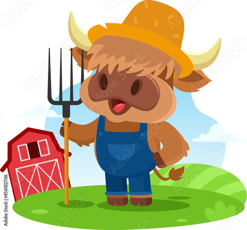 Cute Highland Cow Farmer Cartoon Character Carrying A Rake. Vector Illustration Flat Design Isolated With Background