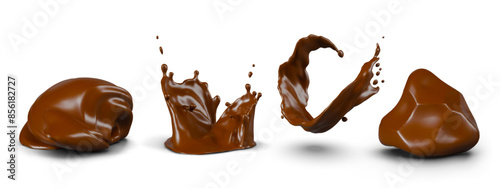 Realistic chocolate in different shapes. Thick mass, butter, spread, liquid, sauce, glaze, topping