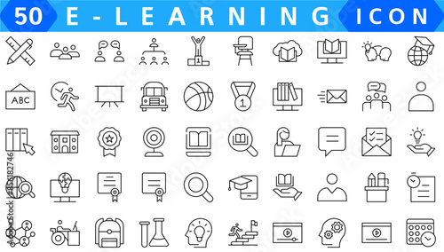 Education web icons set in thin line design. Pack of teacher, school, creativity, wisdom, online library, e-learning, audio course, certificate, video tutorial, other. Outline stroke pictograms