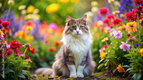Lovely fluffy cat sitting amongst colorful flowers in a charming rural garden, cat, fluffy, pet, flowers, rural, garden