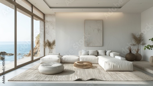 A stylish coastal living room with minimalist furnishings and a clean, uncluttered layout, evoking a sense of calm and relaxation. The image provides ample copy space for adding text or graphics.