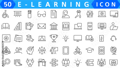 Education web icons set in thin line design. Pack of teacher, school, creativity, wisdom, online library, e-learning, audio course, certificate, video tutorial, other. Outline stroke pictograms