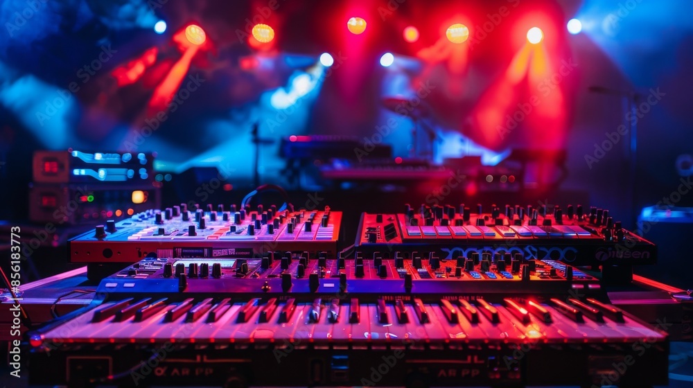 A close-up of music production equipment on a stage, illuminated by red and blue spotlights. A close-up of music production equipment on a stage, illuminated by red and blue spotlights.