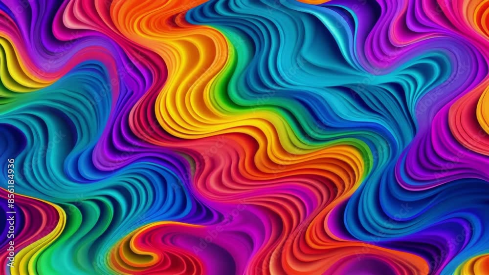 Bright abstract pattern with wavy, fluid lines in a rainbow of colors, creating a dynamic and energetic image.