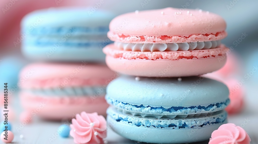 Fototapeta premium Stacked macaroons in pink and blue, iced atop, macaroni and cheese mixed