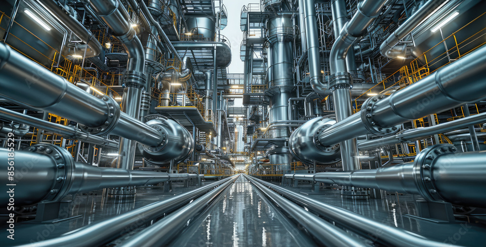 Technology in an industrial chemical refinery with contrast, grey, metallic, landscape orientation. Generative AI. Technology in an industrial chemical refinery with contrast, grey, metallic, landscape orientation. Generative AI.