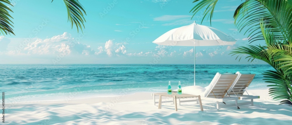 Obraz premium concept of relaxation on the ocean shore, white sand and palm leaves.