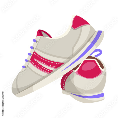 Pair of sports shoes with red and purple accents, illustrated in a flat graphic style, on a white background. Concept of athletic footwear. Vector illustration