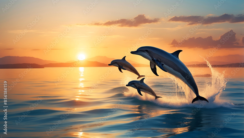 Jumping dolphins at a beautiful sunset Jumping dolphins at a beautiful sunset