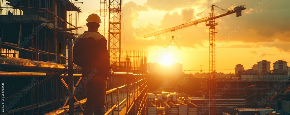 Professional worker, construction site environment, action shot, under construction, crane, silhouette. Generative AI. Professional worker, construction site environment, action shot, under construction, crane, silhouette. Generative AI.