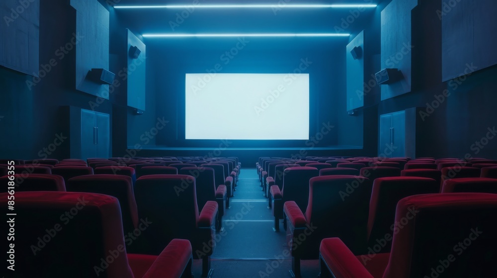 A view of an empty movie theater with a blank screen and red seats. The blue lights illuminate the room, creating a sense of anticipation. A view of an empty movie theater with a blank screen and red seats. The blue lights illuminate the room, creating a sense of anticipation.