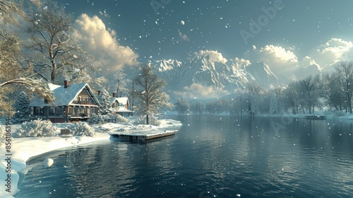 A scene in a virtual landscape is transformed with realistic snow effects, creating a winter wonderland with falling snowflakes and a serene atmosphere. The detailed simulation highlights the