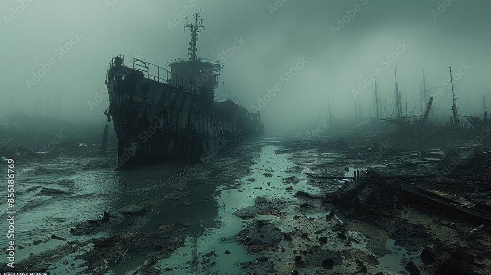 An eerie, post-apocalyptic wasteland unfolds, where twisted metal structures and shattered glass litter the ground. The air is thick with dust and smoke, casting an ominous pall over the barren An eerie, post-apocalyptic wasteland unfolds, where twisted metal structures and shattered glass litter the ground. The air is thick with dust and smoke, casting an ominous pall over the barren