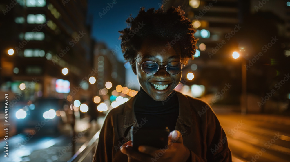 A young woman smiles while using her phone on a busy city street at night, bathed in the glow of streetlights and city activity. A young woman smiles while using her phone on a busy city street at night, bathed in the glow of streetlights and city activity.