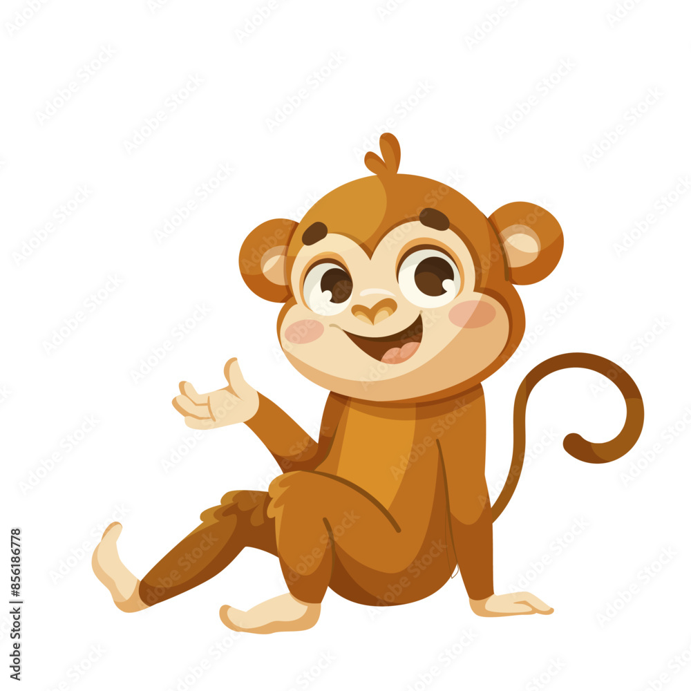 Smiling cartoon monkey character sitting on a white background, concept of happiness and playfulness. Vector illustration Smiling cartoon monkey character sitting on a white background, concept of happiness and playfulness. Vector illustration