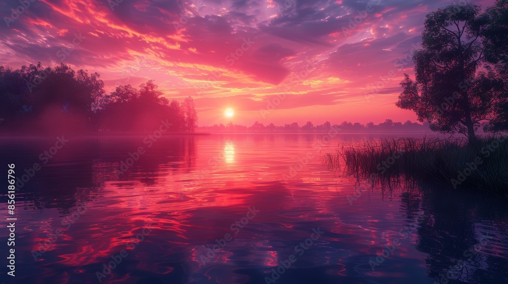 Sunset over calm lake with vibrant pink and purple sky, serene landscape. Tranquil nature and peaceful evening concept