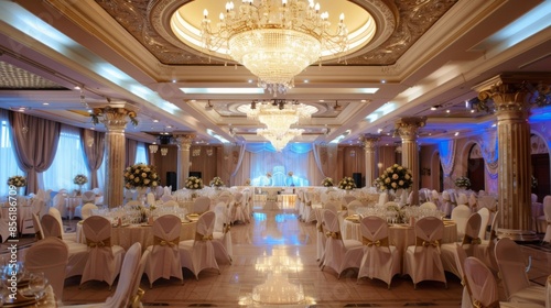 This image shows a large, elegant wedding reception hall. The hall is decorated with white linens and chairs, as well as large flower arrangements. A large chandelier hangs from the ceiling.