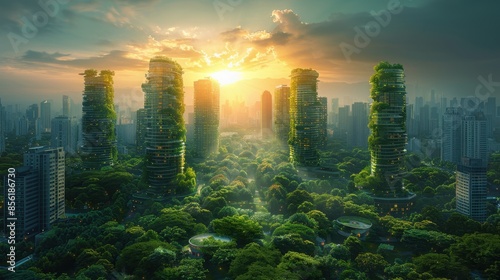A visionary futuristic cityscape depicts a sprawling metropolis with interconnected skyscrapers and green spaces. The blend of technology and nature creates a harmonious and progressive urban