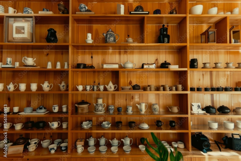 wall with a shelf full of tea cups teapots, and a tea accessory collection of ultra-modern Japanese-style stylish wall with a shelf full of tea cups teapots, and a tea accessory collection of ultra-modern Japanese-style stylish