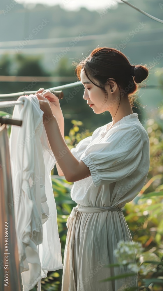 Fototapeta premium A woman hangs clothes on a clothesline in a garden