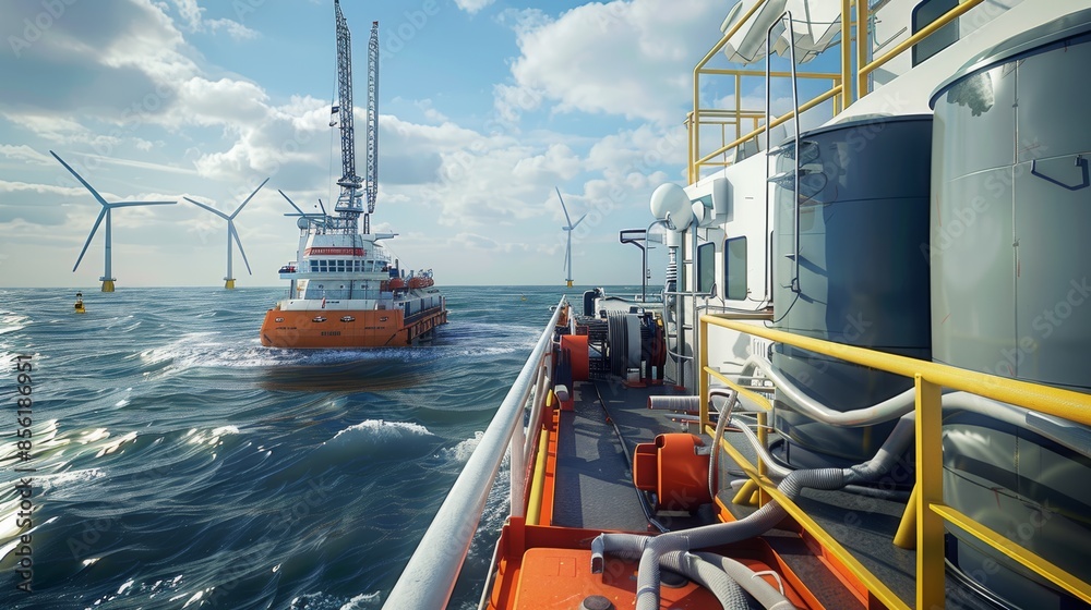 Research Vessel at Sea Studying Offshore Wind Farms - Ocean, Wind Turbines, and Equipment Research Vessel at Sea Studying Offshore Wind Farms - Ocean, Wind Turbines, and Equipment