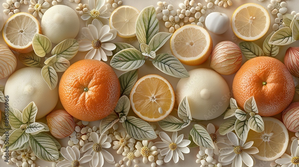 A table with white flowers and oranges stacked on top A table with white flowers and oranges stacked on top