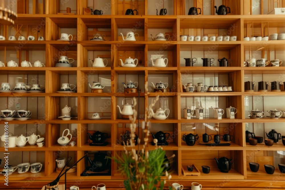 wall with a shelf full of tea cups teapots, and a tea accessory collection of ultra-modern Japanese-style stylish wall with a shelf full of tea cups teapots, and a tea accessory collection of ultra-modern Japanese-style stylish
