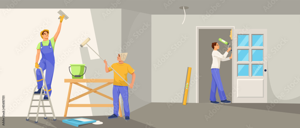 Three painters working inside a room, painting walls and door. Flat graphic style. Light background. Concept of home renovation. Vector illustration Three painters working inside a room, painting walls and door. Flat graphic style. Light background. Concept of home renovation. Vector illustration