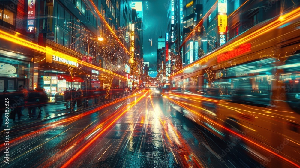 A mesmerizing image of a city street captured in a time-lapse, where streaks of light trace the paths of moving vehicles and pedestrians blur into motion trails. The time manipulation effects create A mesmerizing image of a city street captured in a time-lapse, where streaks of light trace the paths of moving vehicles and pedestrians blur into motion trails. The time manipulation effects create