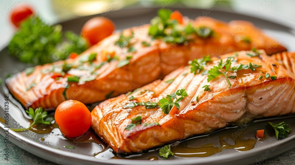 Salmon with honey soy glaze and fresh vegetables on plate overhead close up view Salmon with honey soy glaze and fresh vegetables on plate overhead close up view