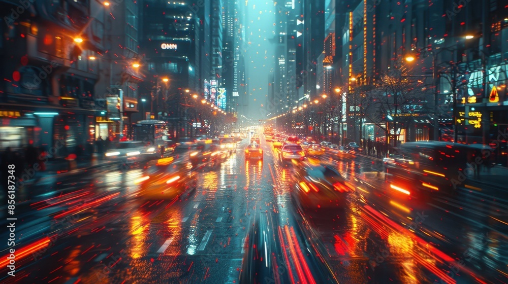 A mesmerizing image of a city street captured in a time-lapse, where streaks of light trace the paths of moving vehicles and pedestrians blur into motion trails. The time manipulation effects create A mesmerizing image of a city street captured in a time-lapse, where streaks of light trace the paths of moving vehicles and pedestrians blur into motion trails. The time manipulation effects create
