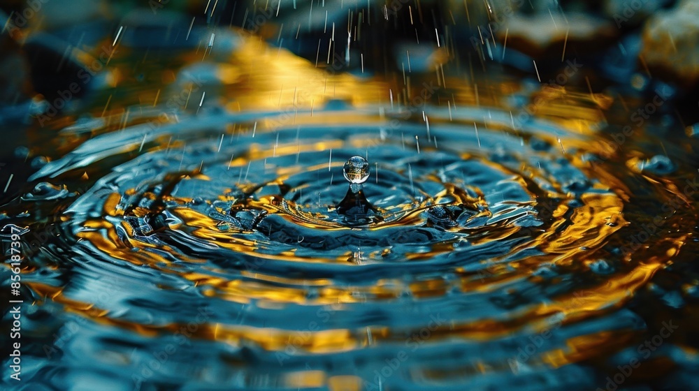 An action shot of a raindrop hitting a puddle, frozen in time to show the perfect splash and concentric ripples. The slow motion effects capture the fleeting beauty and complexity of the moment. An action shot of a raindrop hitting a puddle, frozen in time to show the perfect splash and concentric ripples. The slow motion effects capture the fleeting beauty and complexity of the moment.
