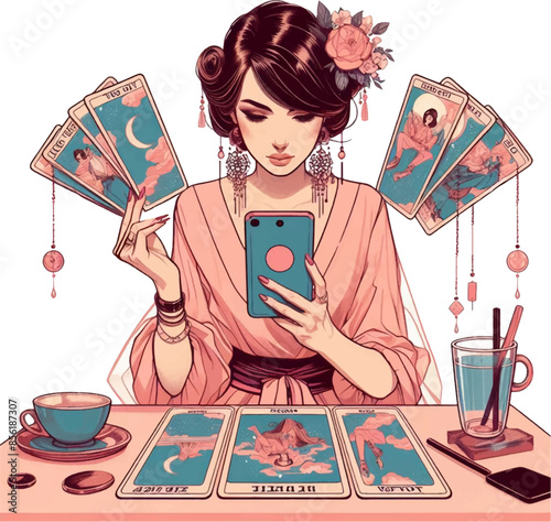 watercolor illustration of beautiful woman with magical tarot cards