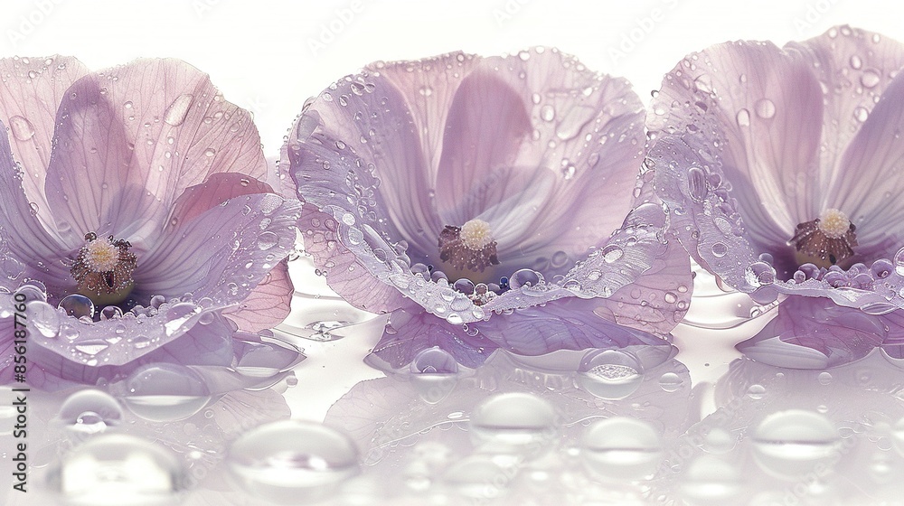   A macro shot of three blossoms adorned with dewdrops and a bumblebee perched on their centers