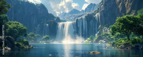 a fantastic waterfall in impressive green exotic nature with lake and mountains photo