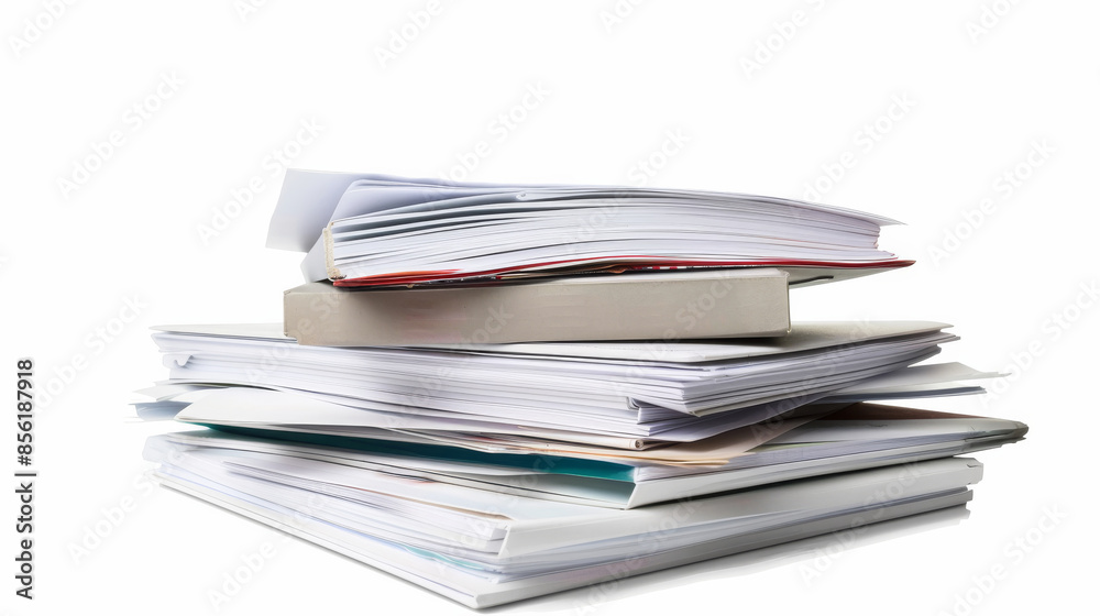 A neatly stacked pile of thick folders and documents rests on a white background, representing organization and paperwork. A neatly stacked pile of thick folders and documents rests on a white background, representing organization and paperwork.