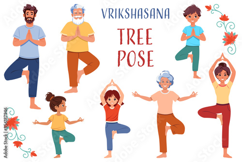 Vector illustration of people practicing Vrikshasana, Tree Pose, in yoga. Various ages and genders