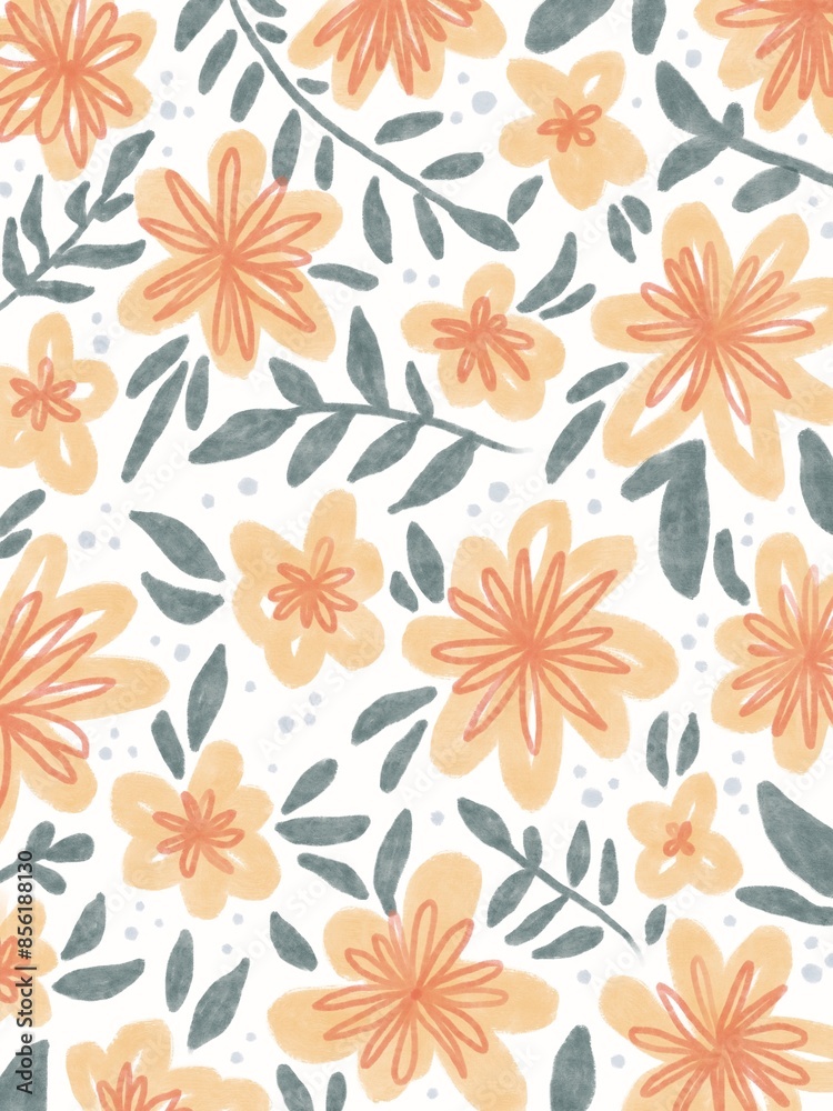 custom made wallpaper toronto digitalfloral illustration, orange, yellow, red, pink, blue dots, leaves, branches, yellow flowers, watercolor drawing, repeat, print, wallpaper, wrapping paper, cards, invitations, cute ornament, repeat