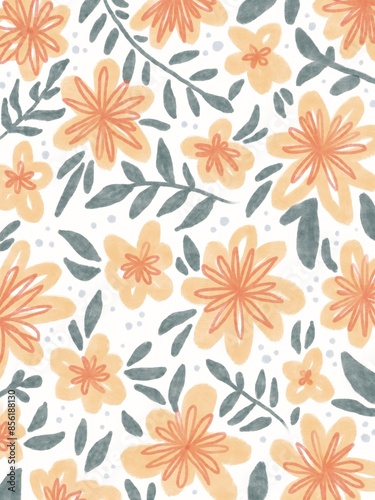 Wallpaper Mural floral illustration, orange, yellow, red, pink, blue dots, leaves, branches, yellow flowers, watercolor drawing, repeat, print, wallpaper, wrapping paper, cards, invitations, cute ornament, repeat Torontodigital.ca